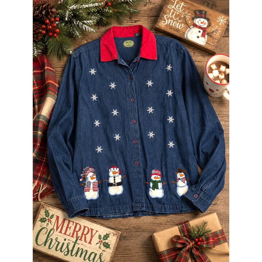 Vintage 1990s Christmas Denim Shirt Snowman Embroidered Holiday XL Grandmacore